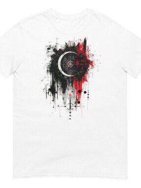 Abstract Crescent Moon T-Shirt – Modern Art Red & Black Graphic Tee